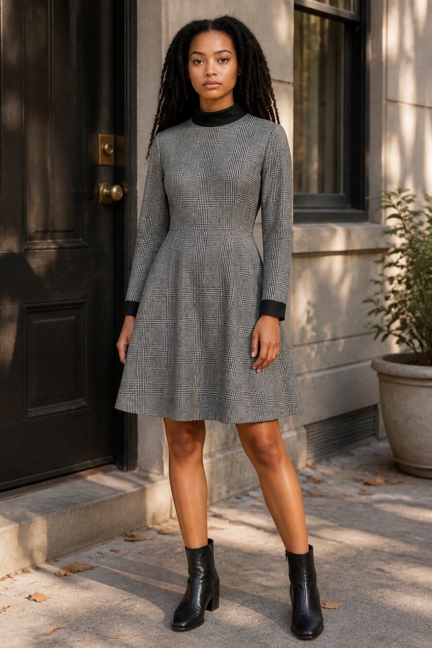Ted Baker London Plaid Fit Flare Dress Black Gray 3/4 Sleeve Size 2